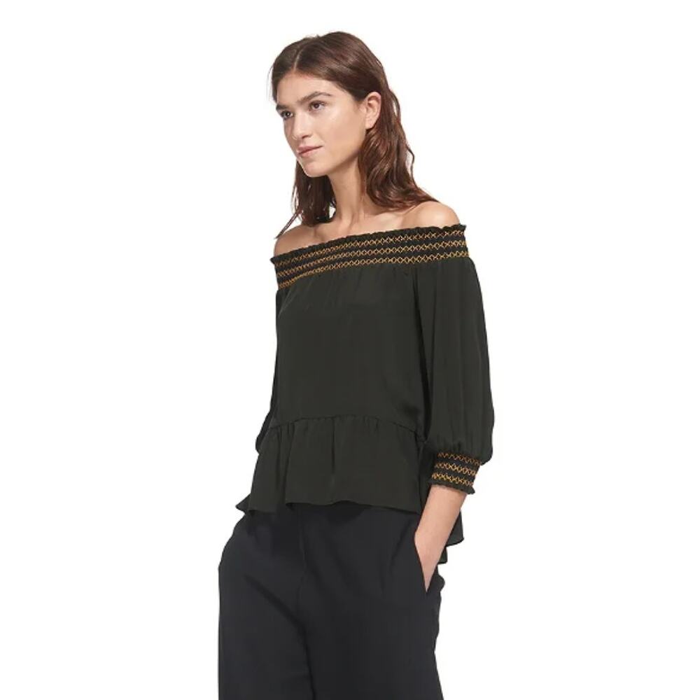 Whistles Off Shoulder Mandy Silk Cropped Boho Bardot Peplum Top Olive Size 2